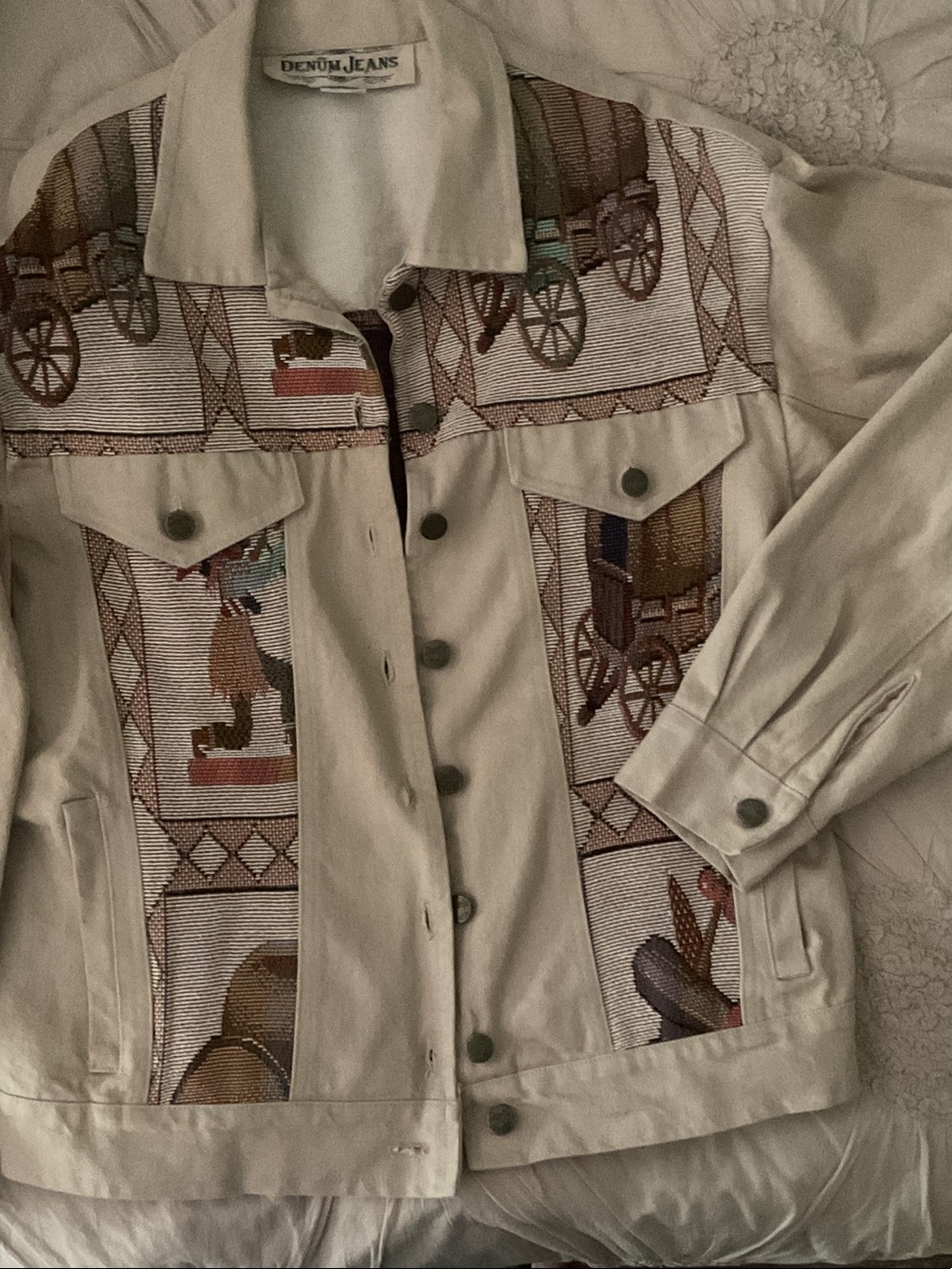 Denum Jeans Embroidered Western Jacket - Cream with Multicolor Panels